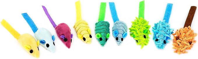 CHIWAVA 27PCS 2" Striped Shaggy Cat Toy Mice with Rattle Assorted Small Mouse Interactive Play for Indoor Cats Mix Color