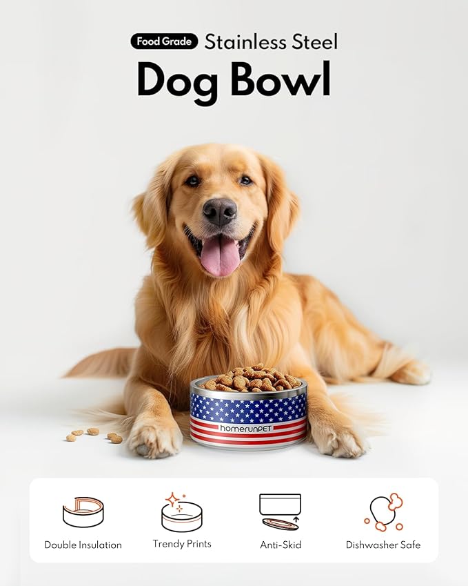 Dog Bowl, HomeRunPet Dog Food Water Bowl with Non-Slip Rubber Base, Metal Insulated Stainless Steel Dog Bowls, Double Wall Dog Bowl for Small Medium Large Dogs, Durable, Dishwasher Safe, 64oz