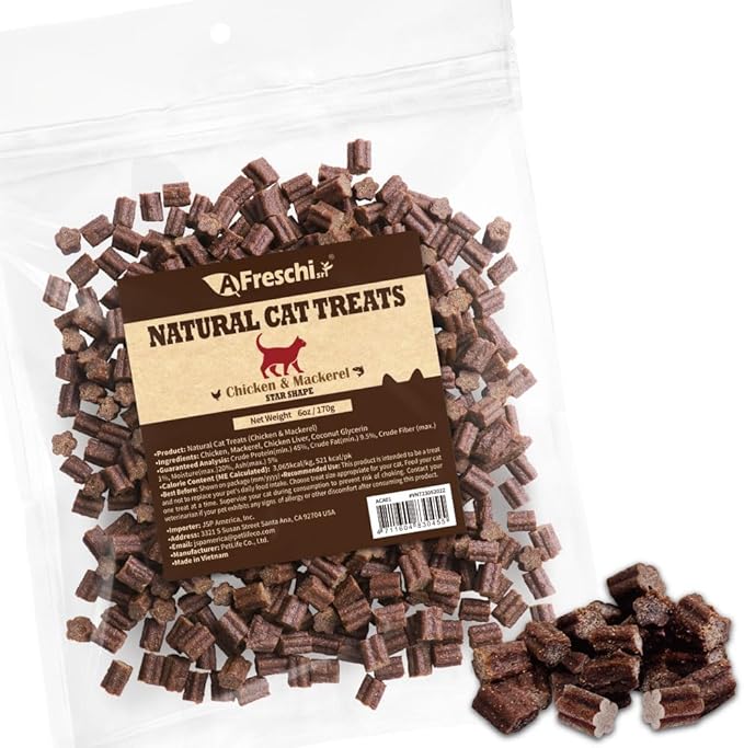 Afreschi Natural Cat Treats Chicken & Mackerel Star Shape 6 oz, All-Natural, High-Protein, Grain-Free, Healthy, Low-Fat, Easily Digestible