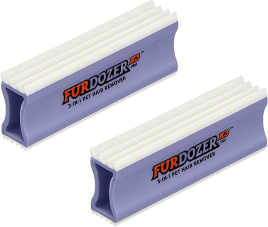 FurDozer X3 PRO Pet Hair Remover & Auto Detailing Tool - Cat & Dog Hair Remover for Carpet, Cars, Couch, Bedding, & Furniture - Reusable Pet Hair Removal Tool for Fur & Lint, 5" (Purple, 2-Pack)