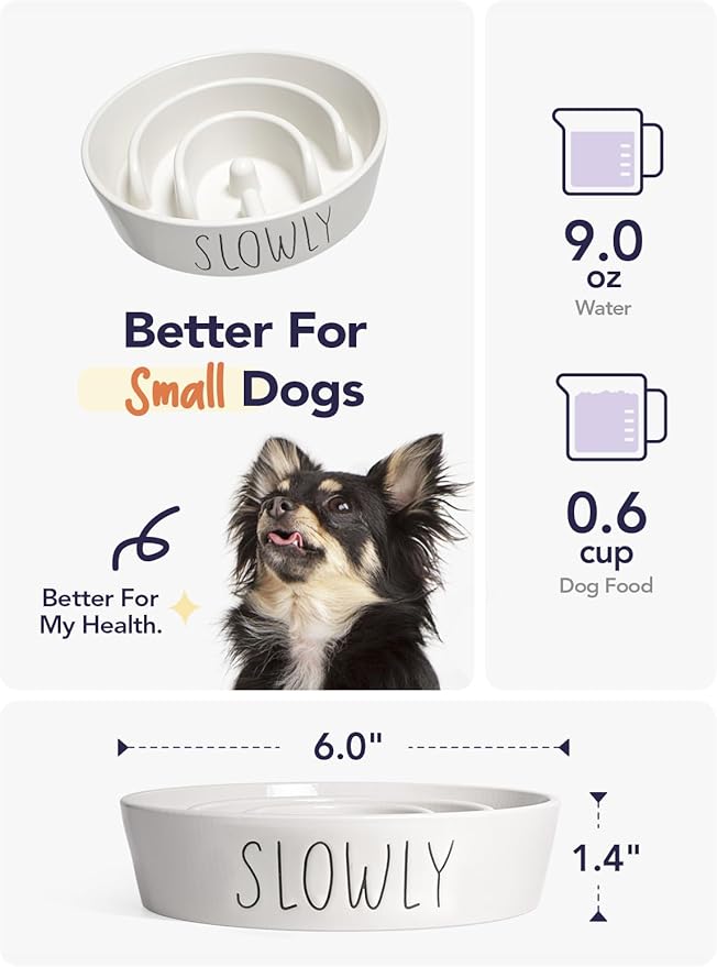 Ceramic Slow Feeder Dog Bowls Small Breed, 0.6 Cups Dog Food Dish for Fast Eaters, Puzzle Bowl for Small Dogs and Cats,White