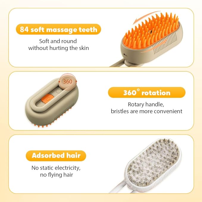 3-In-1 Rechargeable Steamy Cat Brush, Deep Cleaning & Hair Removal System with Rotating Handle, 360° Massage for Cats & Dogs (Cream)