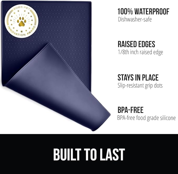 GORILLA GRIP 100% Waterproof Raised Edge BPA Free Silicone Pet Feeding Mat, Dog Cat Food Mats Contain Spills Protects Floors, Placemats for Cats and Dogs Water Bowl, Pets Accessories 28x18 Navy