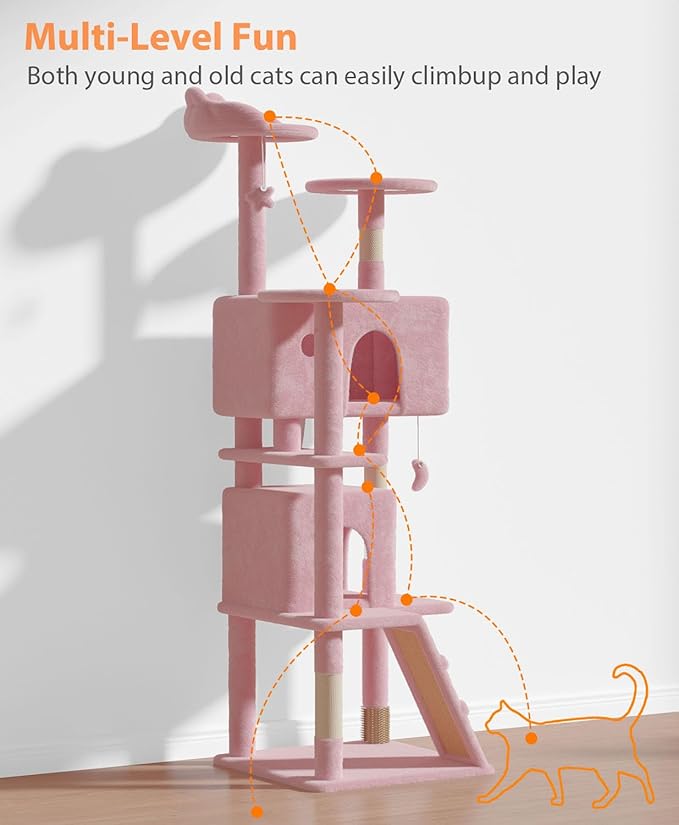 70'' Cat Tree Tower for Indoor Cats Large Adult,Cute/Tall Modern Cat Tree for Big Cats 20 lbs,Plush Multi-Level Cat Condo with Scratching Posts,Dangling Ball for Fun Play(Soft Pink, 70 inch)