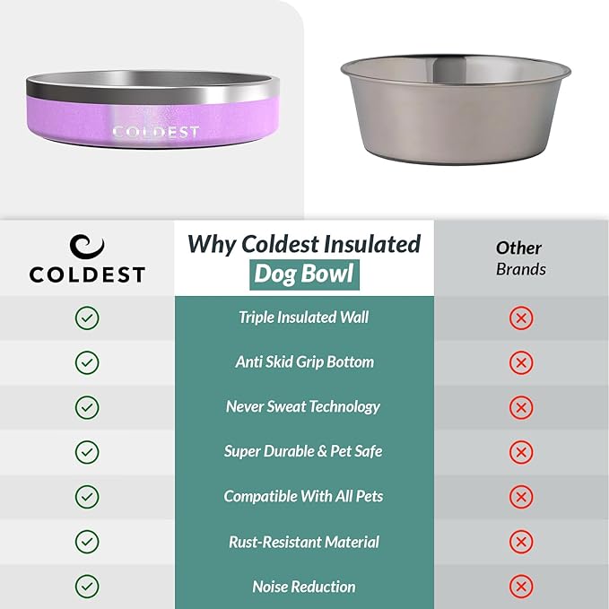 Coldest Dog Bowl - Anti Rust Metal, Non Slip, 3 Layers Insulated Stainless Steel Dog Bowls - Spill Proof & Heavy Duty - Water Bowl for Dogs, Cats, Dish Washer Safe (21 oz,Saturn's Moon Purple Glitter)