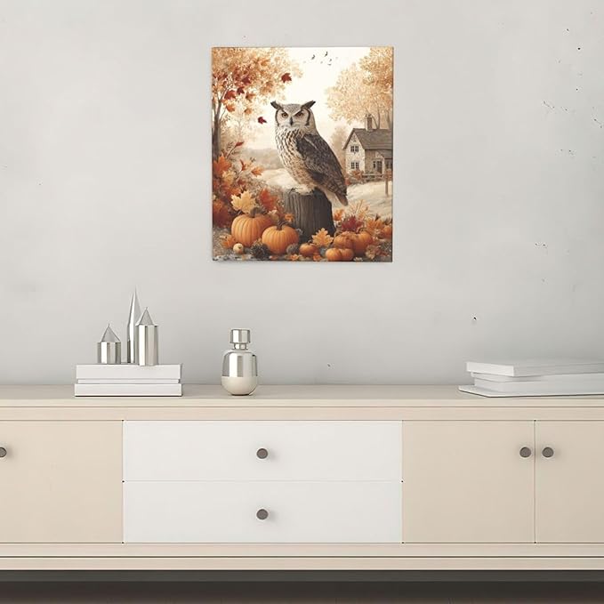 Fall Owl Wall Art Autumn Pumpkin Leaves Wall Decor Rustic Canvas Print Farmhouse Pictures Painting Print Framed Artwork Decorations Gifts for Living Room Bathroom Bedroom Office 20"x24"