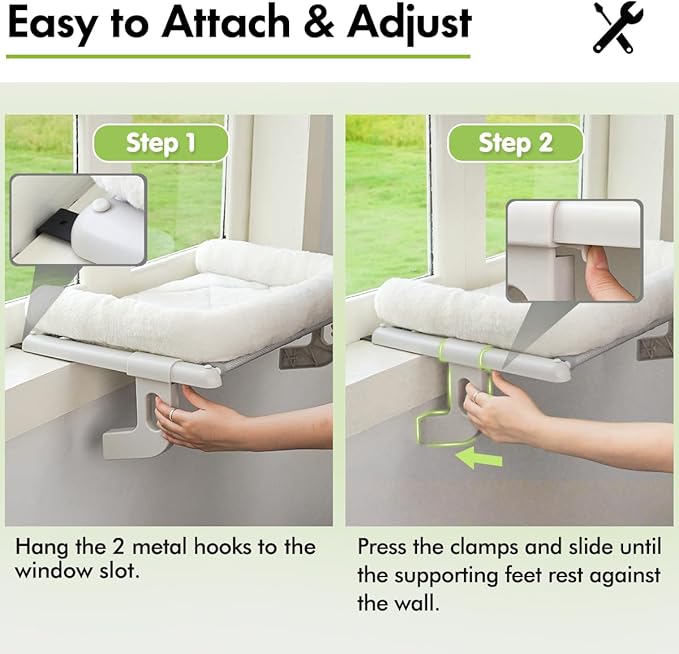 Cat Window Sill Perch with Large Bolster, Easy to Adjust & Assemble Cat Window Seat for Windowsill & Bedside, Pet Hammock Bed for Large Cats and Kittens (White, L)