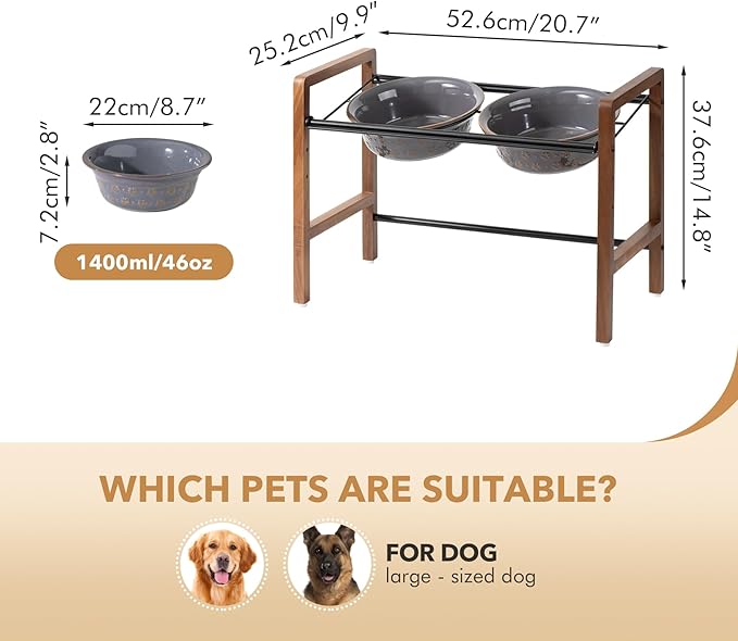 8.7inch Ceramic Adjustable Raised Double Bowls Set with Stand, 3 Heights Elevated, 2 Placement Options,Food and Water Dishes for Large Dog(Double Bowls+Stand, Reactived Glaze -Grey)