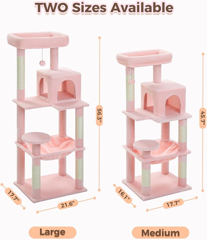 Cat Tree for Large Cats Adult with Metal Plush Big Hammock, 56.3" Cat Tower with 2 Door Condo House, 6-Tier Cat Shelves with Scratching Posts and Large Top Perch, Light Pink