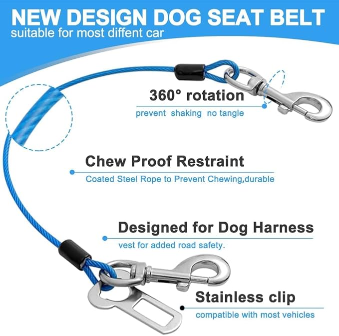 Dog Seat Belt Harness for Car,Dog Seatbelt of Coated Wire Leash Safety Restraint,No Chew Tether Cable Vehicle,Double Clips & Latch(Blue, 16 inch/40 CM)