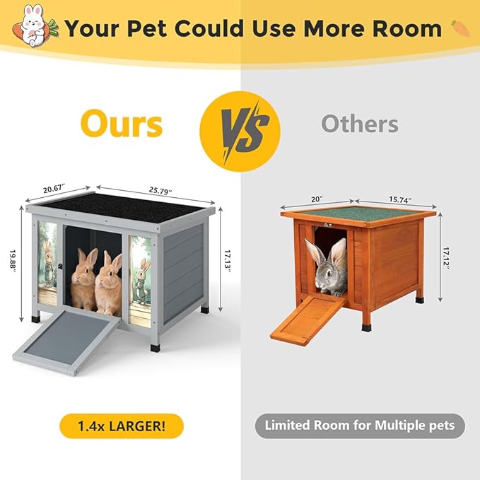 COZIWOW 24in Wooden Cat House Outdoor & Indoor Pet Shelter with Foldable Ramp - Weatherproof Rabbit Hutch with Unique Machine-Printed Art Designs for Cat, Rabbit, Guinea Pig (Grey)