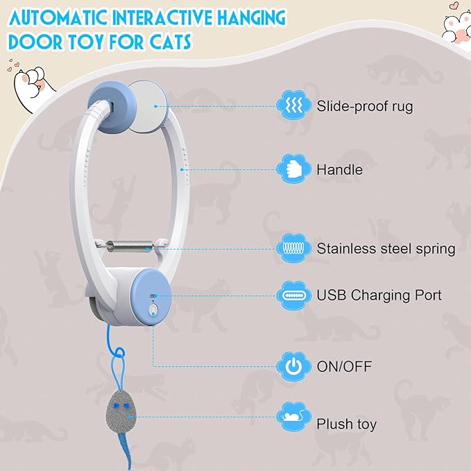 Cat Toy Interactive for Indoor Cats, Smart USB Rechargeable Door Hanging Automatic Retractable Kitten Toys, Teaser Electronic Self Play Feather Cat String Toy Attached with 3 Catnip Mice White