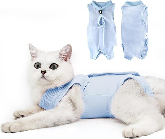 DOTON Cat Recovery Suit for Male and Female Surgical Post Surgery Soft Cone Onesie Shirt Clothes Neuter Licking Protective Diapers Outfit Cover Kitten Spay Collar(M, Blue)