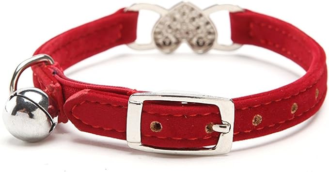 CHUKCHI Pink Soft Velvet Safe Cat Adjustable Collar with Crystal Heart Charm and Bells 8-11 Inches (Red)