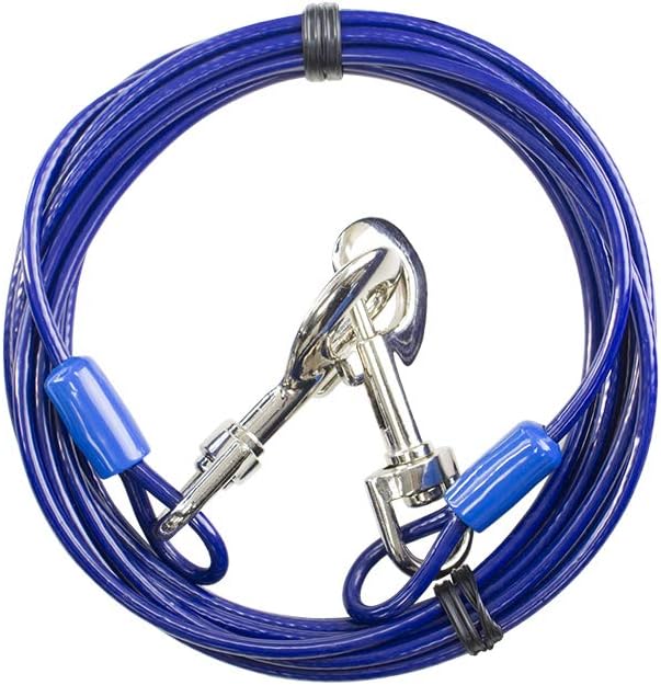 BV Dog Tie Out Cable 15 Feet - Heavy Duty Dog Lead Up to 60 Pounds - Reflective & Rust-Free with Quick Release Swivel Clips & 360° Rotating Clasp - Tangle-Free Dogs Runner for Yard (Blue, Single)