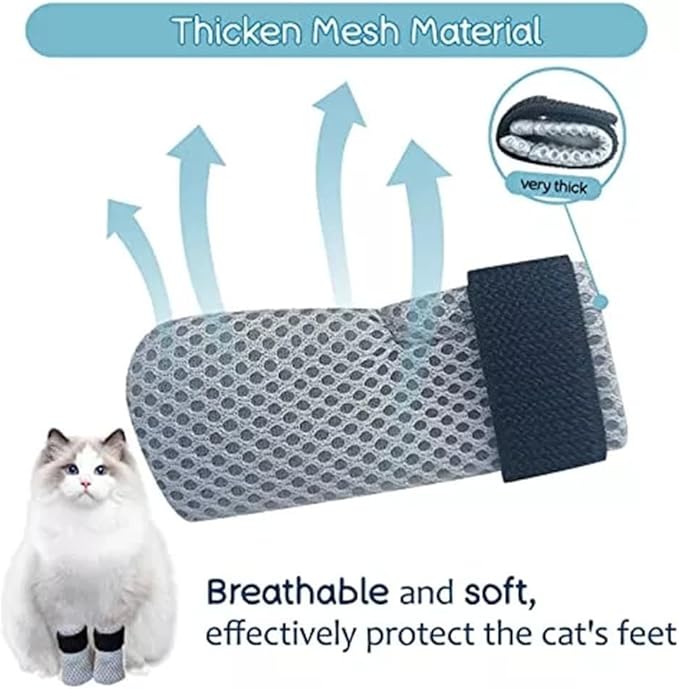 8 Pack Cat Mittens to Prevent Scratching, Adjustable Breathable Mesh Cat Booties & Claw Covers - Anti Scratch Gloves for Bathing, Nail Trimming - 4 Black & 4 Grey, Paw Inner Diameter up to 1.57 Inches