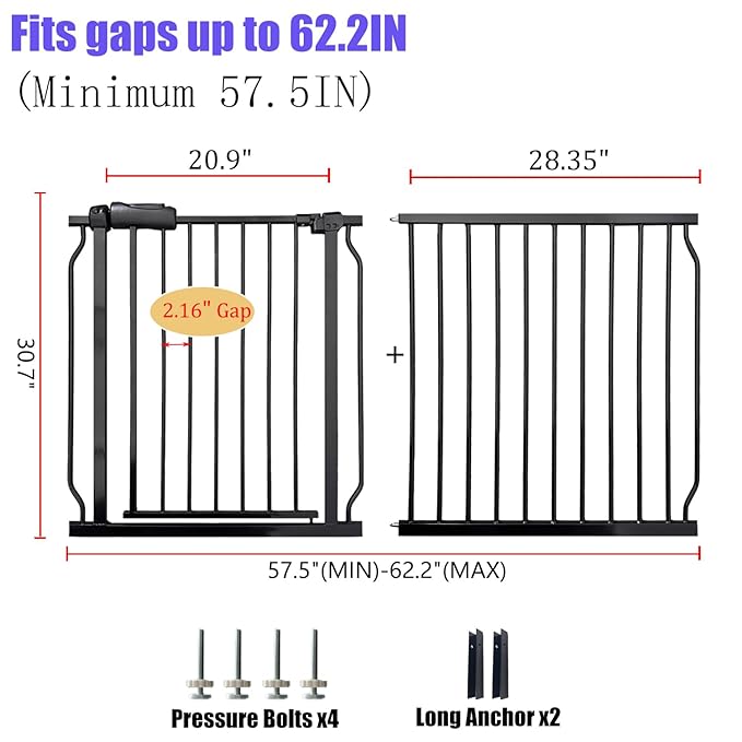 Extra Wide 57.5-62 Inch Large Baby Gates for Stairs, Doorways - No Drilling, Pressure Mounted Pet Gates for Kids & Dogs
