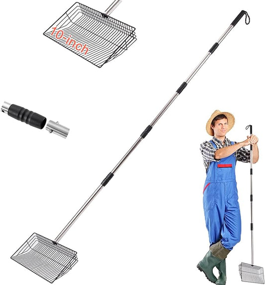 Chicken Poop Scooper 67 inch Adjustable Coop Scooper with 10 inch Metal Sieve for Fast Cleaning, Multi-Purpose Litter Tool for Chicken Coops, Barns & Pet Waste