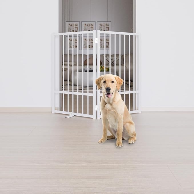 Full Metal Freestanding Dog Gate with Door, 32''Height Foldable Pet Dog Fence for Indoor & Outdoor, 2 Panels Extra Wide Free Standing TallDog Gates for Doorways,House,Stairs,Porch,Deck,Yard