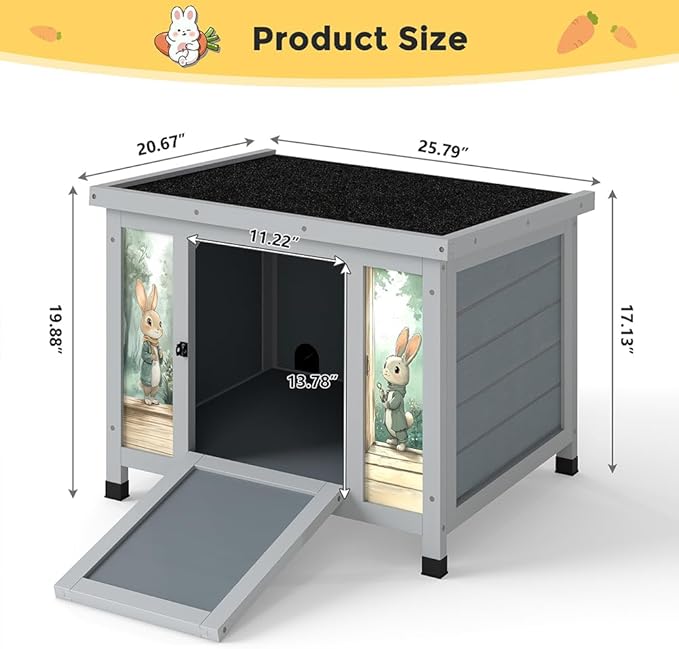 COZIWOW 24in Wooden Cat House Outdoor & Indoor Pet Shelter with Foldable Ramp - Weatherproof Rabbit Hutch with Unique Machine-Printed Art Designs for Cat, Rabbit, Guinea Pig (Grey)
