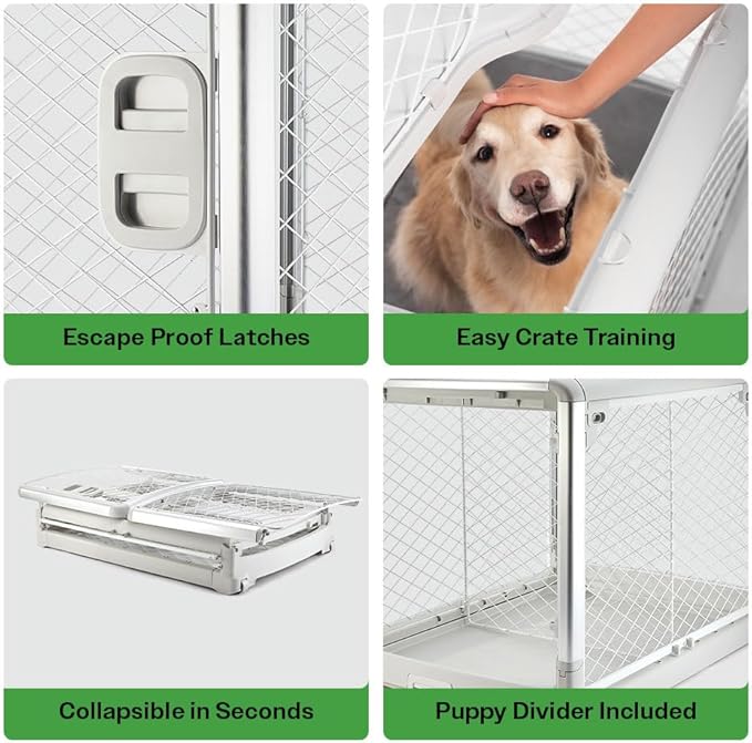 DIGGS Revol Collapsible Dog Crate with Wheels - Premium Portable Dog Crate - Safe, Stylish, and Convenient Indoor Kennel (Ash, Large)