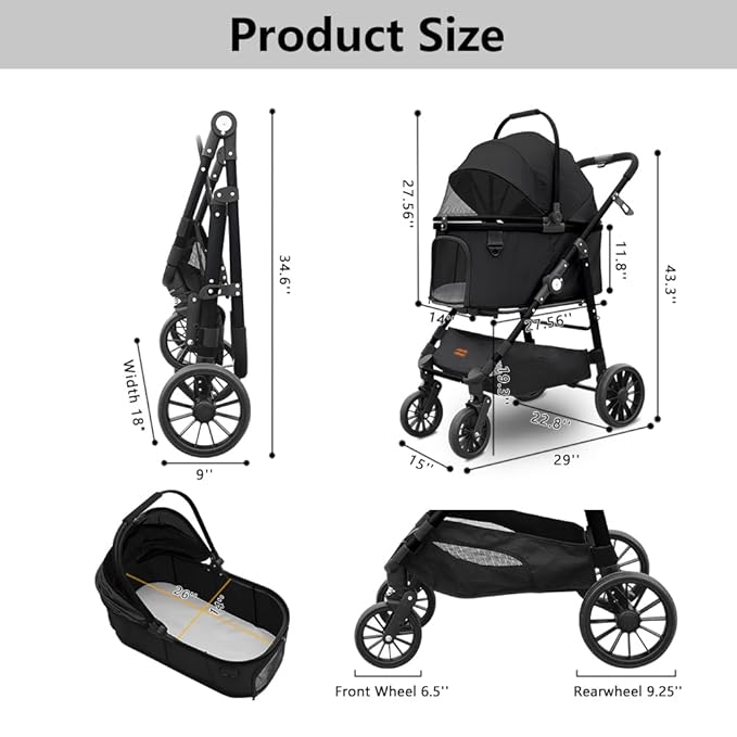 Dog Cat Stroller, Foldable 4 Wheels Dog Stroller for Small Medium Dogs 20 lbs,Pet Strollers for Large Dogs 50lbs, Stable Anti-Shock Detachble Carrier,with 360°Swiveling Front Wheel forTravel