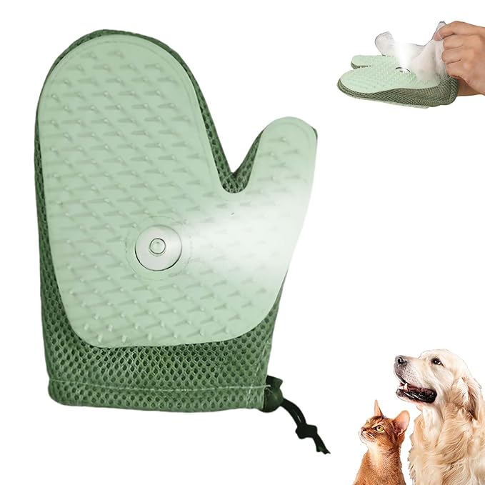 All-in-One Grooming Mist Glove for Pets, Cat Grooming Steam Gloves, Double Sided Pet Hair Remover Gloves for Clothes Furniture, Removal Glove Tool For Long Short Curly Dogs Cats Hair (Green)