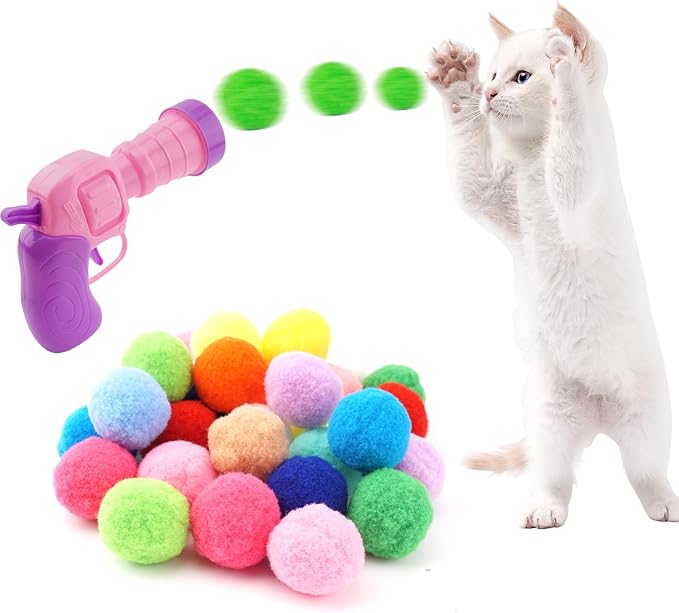 31Pcs Cat Ball Toy Launcher, 30Pcs Plush Fuzzy Balls, Cat Fetch Toy Gun Shooter for Indoor Kittens