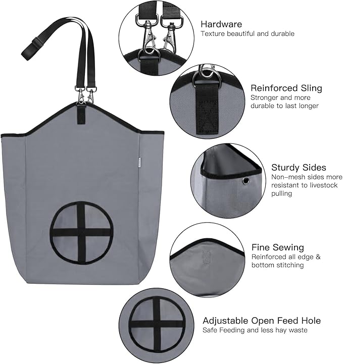 3 Packs Goat Hay Feeder,Hay Bags for Goats,Horses,Sheep,Premium 600D Oxford Cloth,with Metal Fastener and Adjustable Open Feed Hole for Slow Feeding. (1 Black+2Grey)