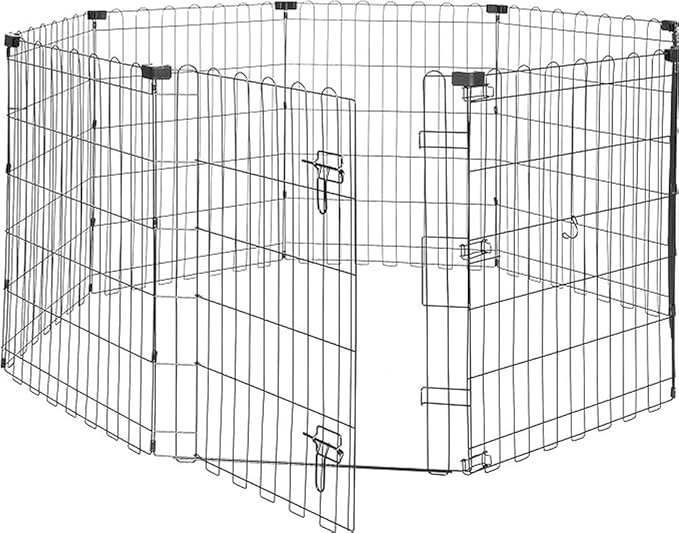 Amazon Basics Foldable Octagonal Metal Exercise Dog Playpen - Indoor/Outdoor, Single Door, Small (8 Panels, 24 x 30), Easy to assemble and store, 30" - Small, , Black