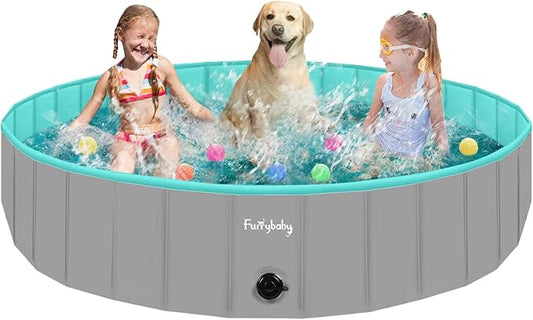 Furrybaby Dog Pool Foldable Dog Pools for Large Dogs with Hard Plate Collapsible Pet Bath Pool Kiddie Grey 63''