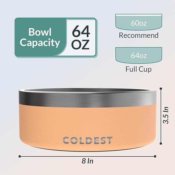 Coldest Dog Bowl - Anti Rust Metal, Non Slip, 3 Layers Insulated Stainless Steel Dog Bowls - Spill Proof & Heavy Duty - Water Bowl for Dogs, Cats & Pets, Dish Washer Safe (64 oz, Sahara Peach)