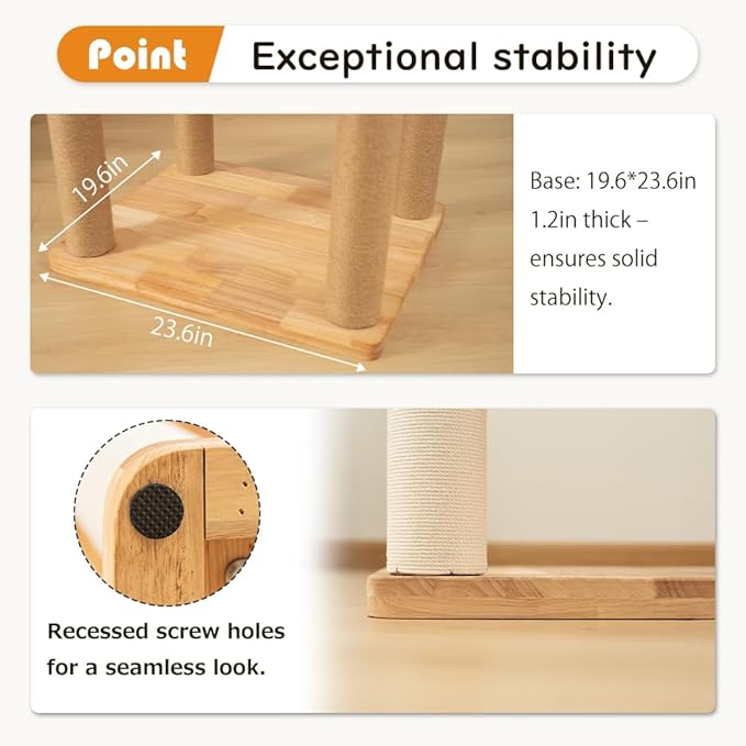 74.8" Wooden Cat Tree Tower for Large Cats, Multi-Level Cat Climbing Furniture with Scratching Posts, Cat Condo & Hammock, Natural Wood Cat Activity Center (Brown)