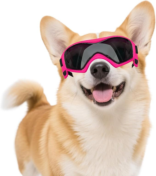 Dog Goggles Dog Sunglasses for Medium Breed UV Protection Windproof with Adjustable Head Straps Chin Straps for Ride Car/Hiking Travel/On Beach-Pink