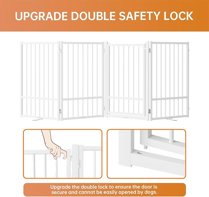 Full Metal Freestanding Dog Gate with Door, 32''Height Foldable Pet Dog Fence for Indoor & Outdoor, 4 Panels Extra Wide Free Standing TallDog Gates for Doorways,House,Stairs,Porch,Deck,Yard