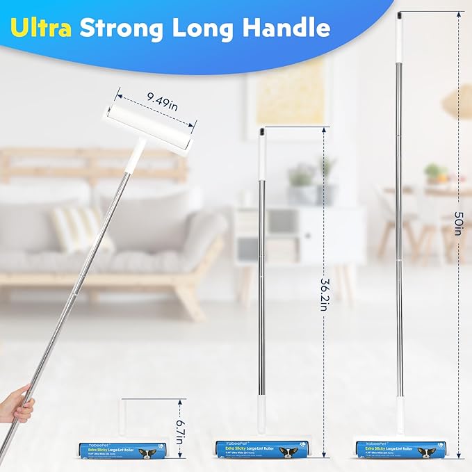 9.49'' Large Lint Rollers for Carpet and Floor, Extra Sticky Giant Rollers with 50'' Long Handle for Carpets, Couch, Floor, Clothing, and Pet Hair Cleaning(1 Pack Floor Roller)
