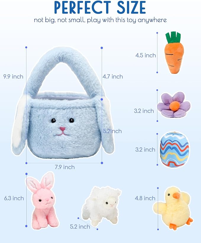 7 Piece Plush Stuffed Animals Playset Toys with Rabbit, Chick, Lamb, Carrot, Egg, Flower, Furry Bag, Soft Basket Set Toys for Girls Kids Ages 3+, Birthday Christmas Valentines Easter Party Favors