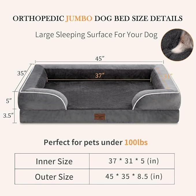 Comfort Expression Cooling Dog Bed, Jumbo Dog Bed for Extra Large Dogs, Memory Foam Orthopedic Bed, Large Breed Dogs, Waterproof Beds with Bolster & Removable Cover(Jumbo,Leaden Grey)