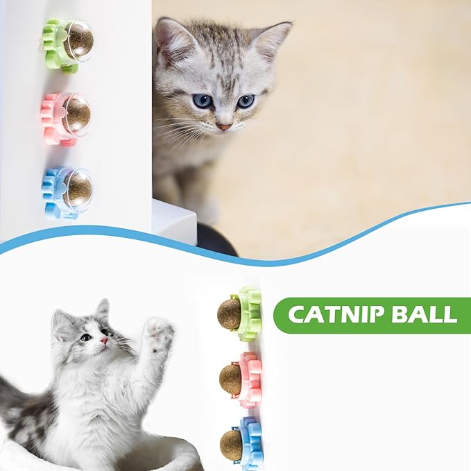 4 Pack Catnip Balls Roller Wall Ball for Cats Spinning Catnip Station Licking Balls Organic Cat nip Chew Ball for Teeth Cleaning & Play