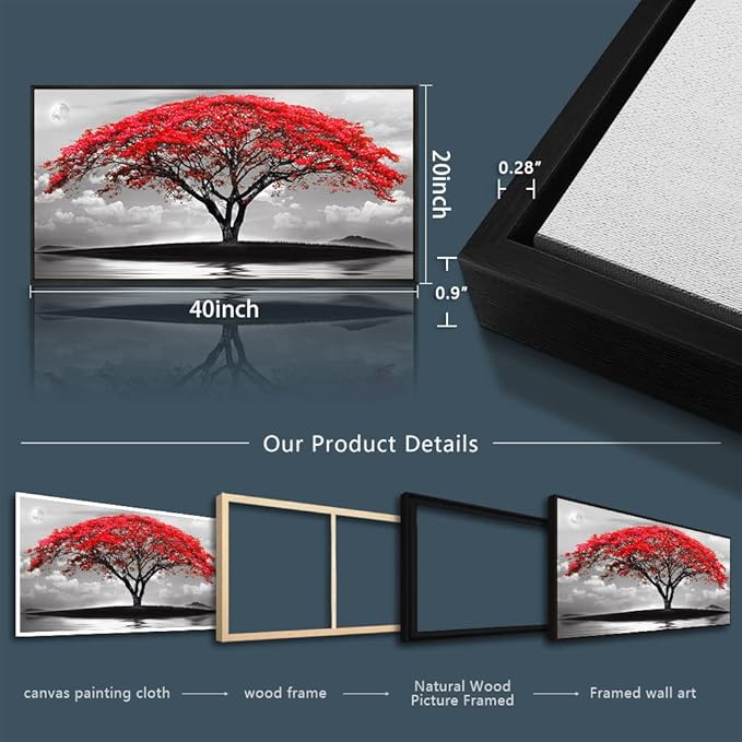 Framed Canvas Wall Art For Living Room Bathroom Wall Decor Black And White Landscape Red Tree Moon Scenery Hang Painting Home Decorations For Office Bedroom Kitchen Works Canvas Prints Pictures