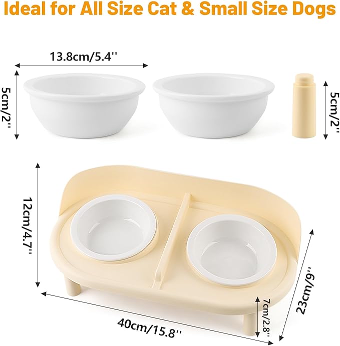 Elevated Cat Bowls, Tilted Rised Cat Food and Water Bowl with 2 Pcs Ceramic Pet Bowls, Rised Stand, Pet Dish Anti Vomiting Feeding Station for All Sized Cats & Small Dogs (Milk Coffee)