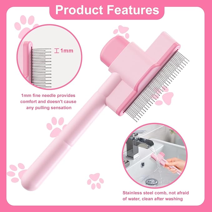 2PCS Flea Comb for Cats and Dogs with Pet Hair Remover Glove, Self Cleaning Pet Flea Cat Grooming Brush with Release Button for Massaging and Cleaning Shedding Pets Hairs