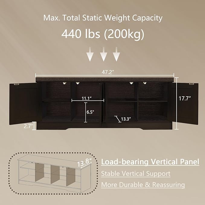 DINZI LVJ Shoe Bench, Entryway Storage Bench with Doors, Cushion, 2-Tier Shoe Rack with 8-Cubby, 47.2”L x 13.8”W Shoe Organizer Cabinet, Adjustable Shelf, Living Room, Bedroom, Espresso