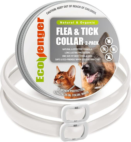 EcoVenger Flea & Tick Collar Repellent 2-Pack White, Fits Both Dogs & Cats, Built-in Pant-Based Formula Strong Repellency Slow Release, Lasting Deterrence and Protection, Pleasant Aroma, Waterproof