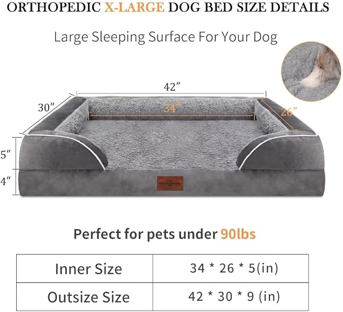 Comfort Expression Orthopedic Waterproof Dog Beds Memory Foam, XL Washable Dog Beds with Removable Cover, Large Pet Sofa Couch with Bolster(X-Large,Silver Grey)