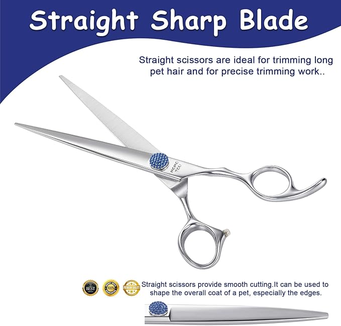 7'' Dog Grooming Scissors CNC 440C Blades Sharp and Durable Polished Straight Dog Shears with Blue Diamond Adustable Screws Easy to Use for Groomer and Home User