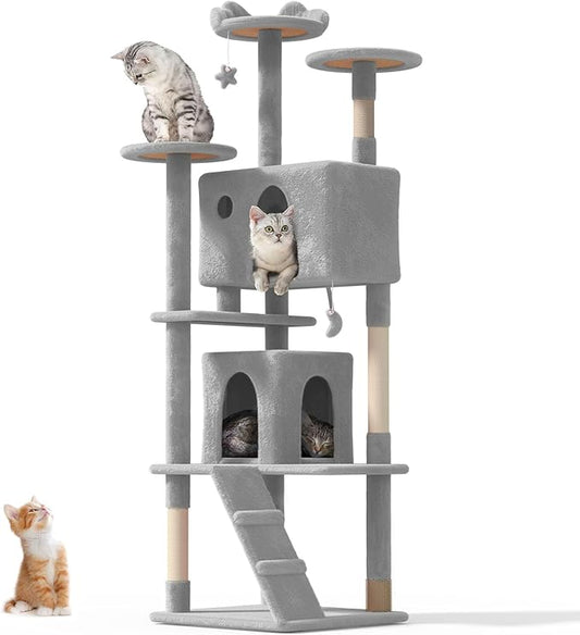 77'' Cat tree Tower for Indoor Cats Large Adult,Cute/Tall Modern Cat Tree for Big Cats 20 lbs,Plush Multi-Level Cat Condo with Scratching Posts,Dangling Ball for fun play(Light Gray, 77 inch)