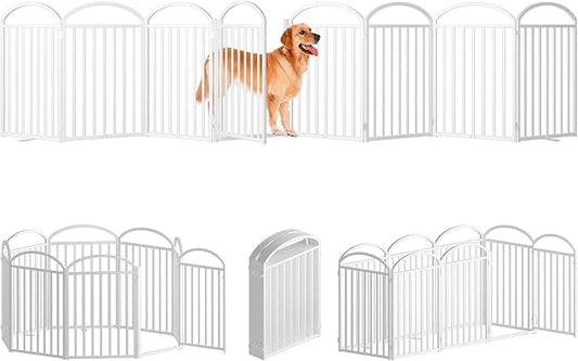 8 Panles Full Matel Freestanding Dog Gates with Door, 192"Extra Wide 32"Tall Free Standing Dog Pet Gate for Indoor & Outdoor. Foldable Pet Fences for Doorways, House, Stairs, Porch, Deck, Yard