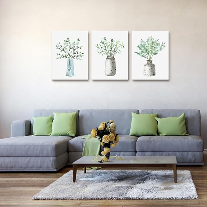 AHUASJART Canvas Wall Art Paintings For Kitchen Dining Room Large Size Wall Decor For Living Room Bedroom Wall Decoration Office Decor Green Leaf Vase Wall Pictures Artwork For Home Walls 3 Piece