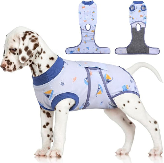 FUAMEY Recovery Suit for Dogs After Surgery,Soft Breathable Dog Bodysuit E-Collar & Cone Alternative Surgical Suit,Male Female Dog Neuter Spay Suits Anti Licking Wounds Onesie Blue Boat XS